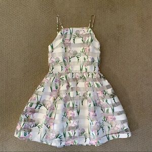 AKIRA Fit and Flare Striped Floral Mini Dress with Low Back